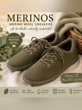 Merinos Merino Wool Lace-Up Sneakers Olive Green Women’s 12 EU 44 Excellent